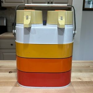 VINTAGE TWIN AIRPOT HOT/COLD DISPENSER ORANGE CAMPING PICNIC THERMOS Peacock 70s
